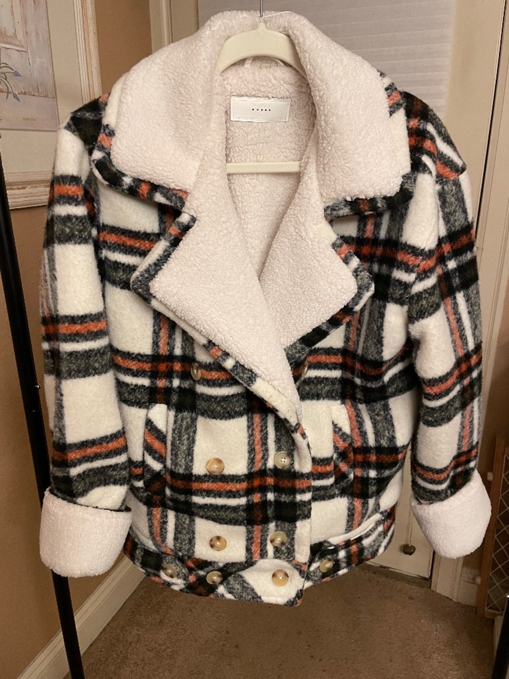 BLANKNYC Plaid Faux Shearling Double-Breasted Sherpa Moto Jacket - Size XS